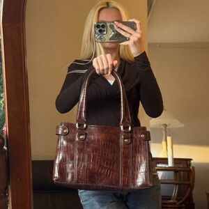 Liz Claiborne Brown Crocodile-Embossed Shoulder Bag